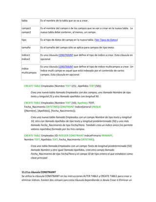 tabla             Es el nombre de la tabla que se va a crear.

campo1            Es el nombre del campo o de los campos que se van a crear en la nueva tabla. La
campo2            nueva tabla debe contener, al menos, un campo.

tipo              Es el tipo de datos de campo en la nueva tabla. (Ver Tipos de Datos)

tamaño            Es el tamaño del campo sólo se aplica para campos de tipo texto.

índice1           Es una cláusula CONSTRAINT que define el tipo de indice a crear. Esta cláusula en
índice2           opcional.

                  Es una cláusula CONSTRAINT que define el tipo de indice multicampos a crear. Un
índice
                  índice multi campo es aquel que está indexado por el contenido de varios
multicampos
                  campos. Esta cláusula en opcional.



  CREATE TABLE Empleados (Nombre TEXT (25) , Apellidos TEXT (50));

          Crea una nueva tabla llamada Empleados con dos campos, uno llamado Nombre de tipo
          texto y longutid 25 y otro llamado apellidos con longitud 50.

  CREATE TABLE Empleados (Nombre TEXT (10), Apellidos TEXT,
  Fecha_Nacimiento DATETIME) CONSTRAINT IndiceGeneral UNIQUE
  ([Nombre], [Apellidos], [Fecha_Nacimiento]);

          Crea una nueva tabla llamada Empleados con un campo Nombre de tipo texto y longitud
          10, otro con llamado Apellidos de tipo texto y longitud predeterminada (50) y uno más
          llamado Fecha_Nacimiento de tipo Fecha/Hora. También crea un índice único (no permite
          valores repetidos) formado por los tres campos.

  CREATE TABLE Empleados (ID INTEGER CONSTRAINT IndicePrimario PRIMARY,
  Nombre TEXT, Apellidos TEXT, Fecha_Nacimiento DATETIME);

          Crea una tabla llamada Empleados con un campo Texto de longitud predeterminada (50)
          llamado Nombre y otro igual llamado Apellidos, crea otro campo llamado
          Fecha_Nacimiento de tipo Fecha/Hora y el campo ID de tipo entero el que establece como
          clave principal.




11.2 La cláusula CONSTRAINT
Se utiliza la cláusula CONSTRAINT en las instrucciones ALTER TABLE y CREATE TABLE para crear o
eliminar índices. Existen dos sintaxis para esta cláusula dependiendo si desea Crear ó Eliminar un
 