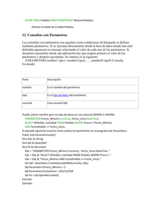 ALTER TABLE Pedidos DROP CONSTRAINT RelacionPedidos;

         Elimina el índide de la tabla Pedidos.

12. Consultas con Parametros

Las consultas con parámetros son aquellas cuyas condiciones de búsqueda se definen
mediante parámetros. Si se ejecutan directamente desde la base de datos donde han sido
definidas aparecerá un mensaje solicitando el valor de cada uno de los parámetros. Si
deseamos ejecutarlas desde una aplicación hay que asignar primero el valor de los
parámetros y después ejecutarlas. Su sintaxis es la siguiente:
  PARAMETERS nombre1 tipo1, nombre2 tipo2, ... , nombreN tipoN Consulta
En donde:



Parte                 Descripción

nombre                Es el nombre del parámetro

tipo                  Es el tipo de datos del parámetro

consulta              Una consulta SQL



Puede utilizar nombre pero no tipo de datos en una cláusula WHERE o HAVING.
   PARAMETERS Precio_Minimo Currency, Fecha_Inicio DateTime;
   SELECT IDPedido, Cantidad FROM Pedidos WHERE Precio > Precio_Minimo
   AND FechaPedido >= Fecha_Inicio;
El ejemplo siguiente muestra como utilizar los parámetros en el programa de Visual Basic:
Public Sub GeneraConsulta()
Dim SQL As String
Dim Qd As QueryDef
Dim Rs As Recordset
   SQL = "PARAMETERS Precio_Minimo Currency, Fecha_Inicio DateTime; "
   SQL = SQL & "SELECT IDPedido, Cantidad FROM Pedidos WHERE Precio > "
   SQL = SQL & "Precio_Minimo AND FechaPedido >= Fecha_Inicio; "
   Set Qd = BaseDatos.CreateQueryDef(MiConsulta, SQL)
   Qd.Parameters!Precio_Minimo = 2
   Qd.Parameters!FechaInicio = #31/12/95#
   Set Rs = Qd.OpenRecordset()
End Sub
Ejemplo:
 