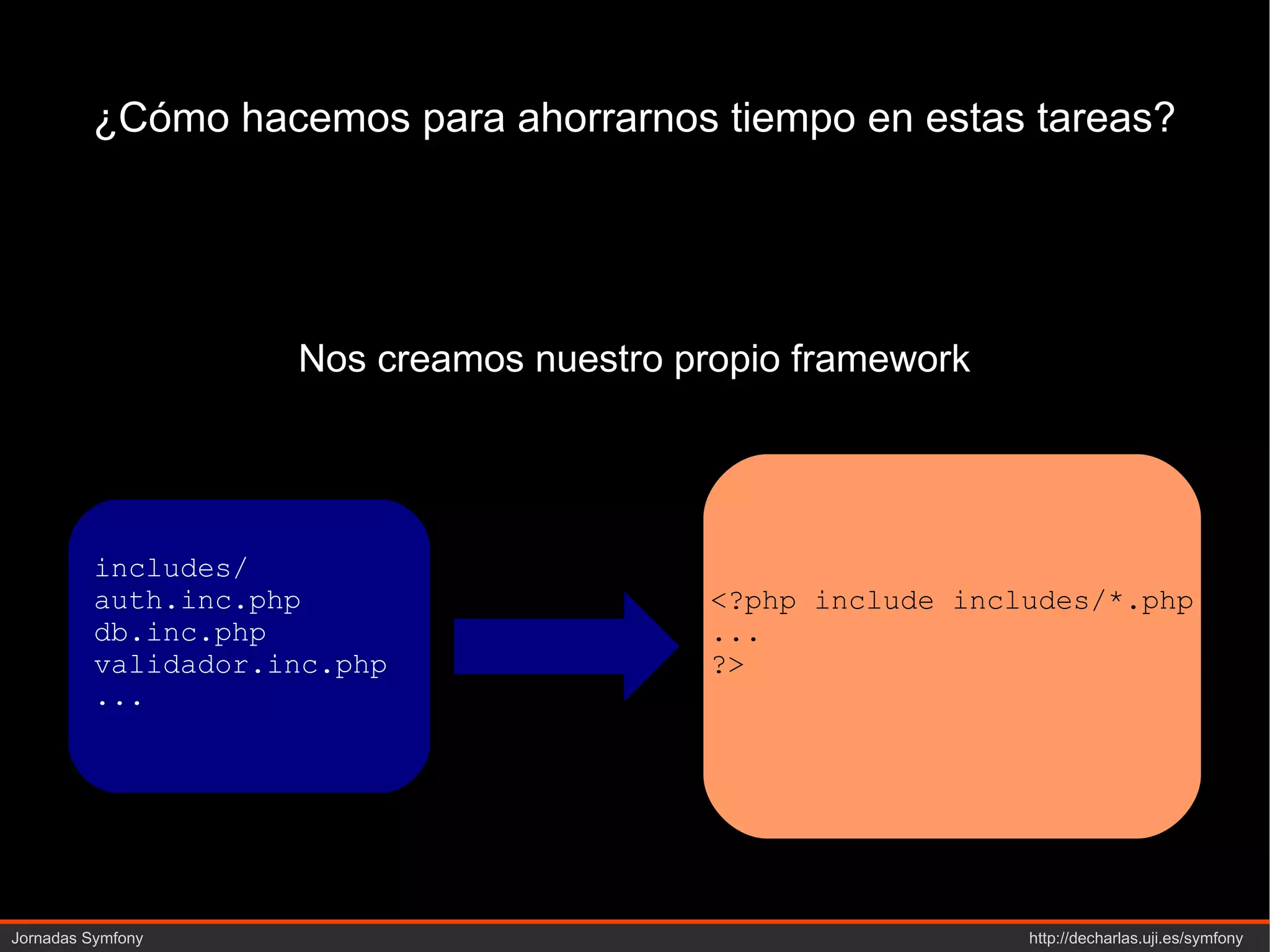 ¿Cómo hacemos para ahorrarnos tiempo en estas tareas? Nos creamos nuestro propio framework includes/ auth.inc.php db.inc.php validador.inc.php ... <?php include includes/*.php ... ?> 