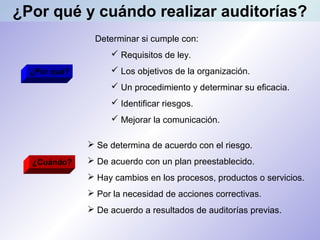 Determinar si cumple con:
 Requisitos de ley.
 Los objetivos de la organización.
 Un procedimiento y determinar su eficacia.
 Identificar riesgos.
 Mejorar la comunicación.
¿Por qué?
¿Por qué y cuándo realizar auditorías?
¿Cuándo?
 Se determina de acuerdo con el riesgo.
 De acuerdo con un plan preestablecido.
 Hay cambios en los procesos, productos o servicios.
 Por la necesidad de acciones correctivas.
 De acuerdo a resultados de auditorías previas.
 