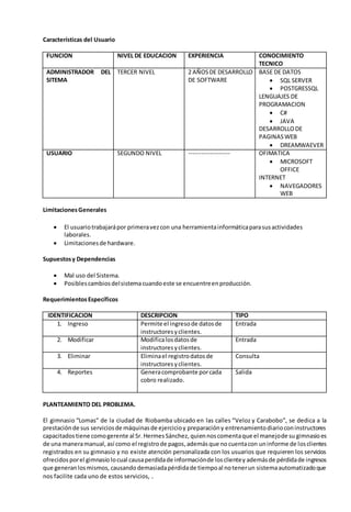 Características del Usuario 
FUNCION NIVEL DE EDUCACION EXPERIENCIA CONOCIMIENTO 
TECNICO 
ADMINISTRADOR DEL 
SITEMA 
TERCER NIVEL 2 AÑOS DE DESARROLLO 
DE SOFTWARE 
BASE DE DATOS 
 SQL SERVER 
 POSTGRESSQL 
LENGUAJES DE 
PROGRAMACION 
 C# 
 JAVA 
DESARROLLO DE 
PAGINAS WEB 
 DREAMWAEVER 
USUARIO SEGUNDO NIVEL ------------------- OFIMATICA 
 MICROSOFT 
OFFICE 
INTERNET 
 NAVEGADORES 
WEB 
Limitaciones Generales 
 El usuario trabajará por primera vez con una herramienta informática para sus actividades 
laborales. 
 Limitaciones de hardware. 
Supuestos y Dependencias 
 Mal uso del Sistema. 
 Posibles cambios del sistema cuando este se encuentre en producción. 
Requerimientos Específicos 
IDENTIFICACION DESCRIPCION TIPO 
1. Ingreso Permite el ingreso de datos de 
instructores y clientes. 
Entrada 
2. Modificar Modifica los datos de 
instructores y clientes. 
Entrada 
3. Eliminar Elimina el registro datos de 
instructores y clientes. 
Consulta 
4. Reportes Genera comprobante por cada 
cobro realizado. 
Salida 
PLANTEAMIENTO DEL PROBLEMA. 
El gimnasio “Lomas” de la ciudad de Riobamba ubicado en las calles “Veloz y Carabobo”, se dedica a la 
prestación de sus servicios de máquinas de ejercicio y preparación y entrenamiento diario con instructores 
capacitados tiene como gerente al Sr. Hermes Sánchez, quien nos comenta que el manejo de su gimnasio es 
de una manera manual, así como el registro de pagos, además que no cuenta con un informe de los clientes 
registrados en su gimnasio y no existe atención personalizada con los usuarios que requieren los servicios 
ofrecidos por el gimnasio lo cual causa perdida de información de los cliente y además de pérdida de ingresos 
que generan los mismos, causando demasiada pérdida de tiempo al no tener un sistema automatizado que 
nos facilite cada uno de estos servicios, . 
 