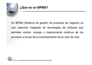 ¿Qué es un BPMS?



Un BPMS (Sistema de gestión de procesos de negocio) es
una colección integrada de tecnologías de software que
permiten control, manejo y mejoramiento continuo de los
procesos a través de la automatización de su ciclo de vida.




© 2010, Universidad Central de Venezuela. Sistemas de Información.
 