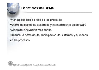 Beneficios del BPMS


•Manejo del ciclo de vida de los procesos
•Ahorro de costos de desarrollo y mantenimiento de software
•Ciclos de innovación mas cortos
•Reduce la barreras de participación de sistemas y humanos
en los procesos.




  © 2010, Universidad Central de Venezuela. Sistemas de Información.
 