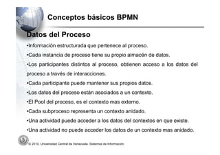 Conceptos básicos BPMN

Datos del Proceso
•Información estructurada que pertenece al proceso.
•Cada instancia de proceso tiene su propio almacén de datos.
•Los participantes distintos al proceso, obtienen acceso a los datos del
proceso a través de interacciones.
•Cada participante puede mantener sus propios datos.
•Los datos del proceso están asociados a un contexto.
•El Pool del proceso, es el contexto mas externo.
•Cada subproceso representa un contexto anidado.
•Una actividad puede acceder a los datos del contextos en que existe.
•Una actividad no puede acceder los datos de un contexto mas anidado.

© 2010, Universidad Central de Venezuela. Sistemas de Información.
 