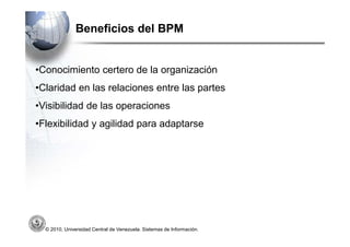 Beneficios del BPM


•Conocimiento certero de la organización
•Claridad en las relaciones entre las partes
•Visibilidad de las operaciones
•Flexibilidad y agilidad para adaptarse




  © 2010, Universidad Central de Venezuela. Sistemas de Información.
 