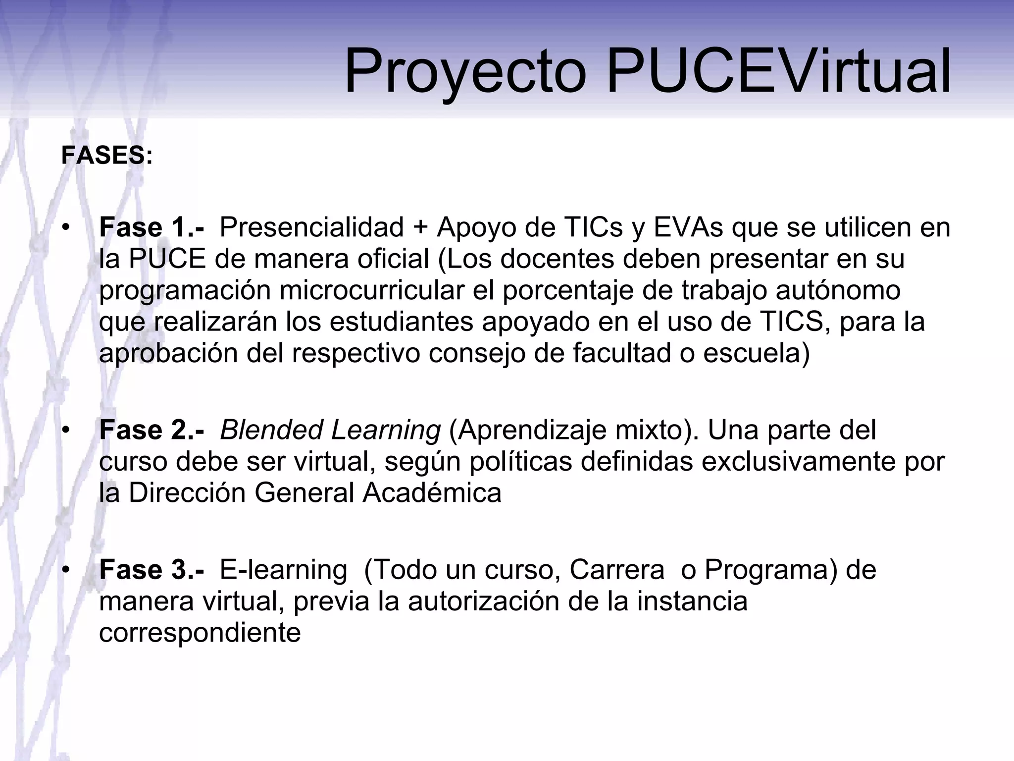 Proyecto PUCEVirtual FASES: Fase 1.-   Presencialidad + Apoyo de TICs y EVAs que se utilicen en la PUCE de manera oficial (Los docentes deben presentar en su programación microcurricular el porcentaje de trabajo autónomo que realizarán los estudiantes apoyado en el uso de TICS, para la aprobación del respectivo consejo de facultad o escuela)  Fase 2.-   Blended Learning  (Aprendizaje mixto). Una parte del curso debe ser virtual, según políticas definidas exclusivamente por la Dirección General Académica   Fase 3.-   E-learning  (Todo un curso, Carrera  o Programa) de manera virtual, previa la autorización de la instancia correspondiente 