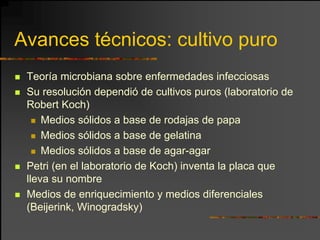 Avances técnicos: cultivo puro
 Teoría microbiana sobre enfermedades infecciosas
 Su resolución dependió de cultivos puros (laboratorio de
 Robert Koch)
     Medios sólidos a base de rodajas de papa
     Medios sólidos a base de gelatina
     Medios sólidos a base de agar-agar
 Petri (en el laboratorio de Koch) inventa la placa que
 lleva su nombre
 Medios de enriquecimiento y medios diferenciales
 (Beijerink, Winogradsky)
 
