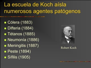 La escuela de Koch aísla
numerosos agentes patógenos
 Cólera (1883)
 Difteria (1884)
 Tétanos (1885)
 Neumonía (1886)
 Meningitis (1887)   Robert Koch
 Peste (1894)
 Sífilis (1905)
 