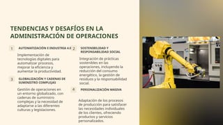 TENDENCIAS Y DESAFÍOS EN LA
ADMINISTRACIÓN DE OPERACIONES
1 AUTOMATIZACIÓN E INDUSTRIA 4.0
Implementación de
tecnologías digitales para
automatizar procesos,
mejorar la eficiencia y
aumentar la productividad.
2 SOSTENIBILIDAD Y
RESPONSABILIDAD SOCIAL
Integración de prácticas
sostenibles en las
operaciones, incluyendo la
reducción del consumo
energético, la gestión de
residuos y la responsabilidad
social.
3 GLOBALIZACIÓN Y CADENAS DE
SUMINISTRO COMPLEJAS
Gestión de operaciones en
un entorno globalizado, con
cadenas de suministro
complejas y la necesidad de
adaptarse a las diferentes
culturas y legislaciones.
4 PERSONALIZACIÓN MASIVA
Adaptación de los procesos
de producción para satisfacer
las necesidades individuales
de los clientes, ofreciendo
productos y servicios
personalizados.
 