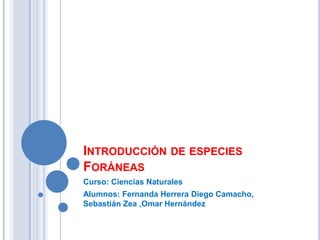 INTRODUCCIÓN DE ESPECIES
FORÁNEAS
Curso: Ciencias Naturales
Alumnos: Fernanda Herrera Diego Camacho,
Sebastián Zea ,Omar Hernández

 