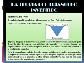 Teoría de Andy Freire
Según la teoría del triangulo invertido propuesta por Andy Freire, todo proceso
emprendedor combina tres componentes:
El punto de apoyo es el emprendedor, quien necesita dos componentes adicionales para
llegar: la idea de negocio con viabilidad de mercado, y el capital. Cuando un
emprendimiento no es exitoso, siempre se debe a la falla de una de estas tres variables, o
la combinación entre ellas.
De la firmeza del emprendedor depende, en gran medida, que el modelo no se derrumbe;
el emprendedor “exitoso” siempre logra el capital o el gran proyecto. Por eso el problema
trascendental no es el capital ni la idea, porque emprender va más allá de una mera
actitud mercantil o un conjunto de conceptos.
LA TEORIA DEL TRIANGULO
INVERTIDO
 