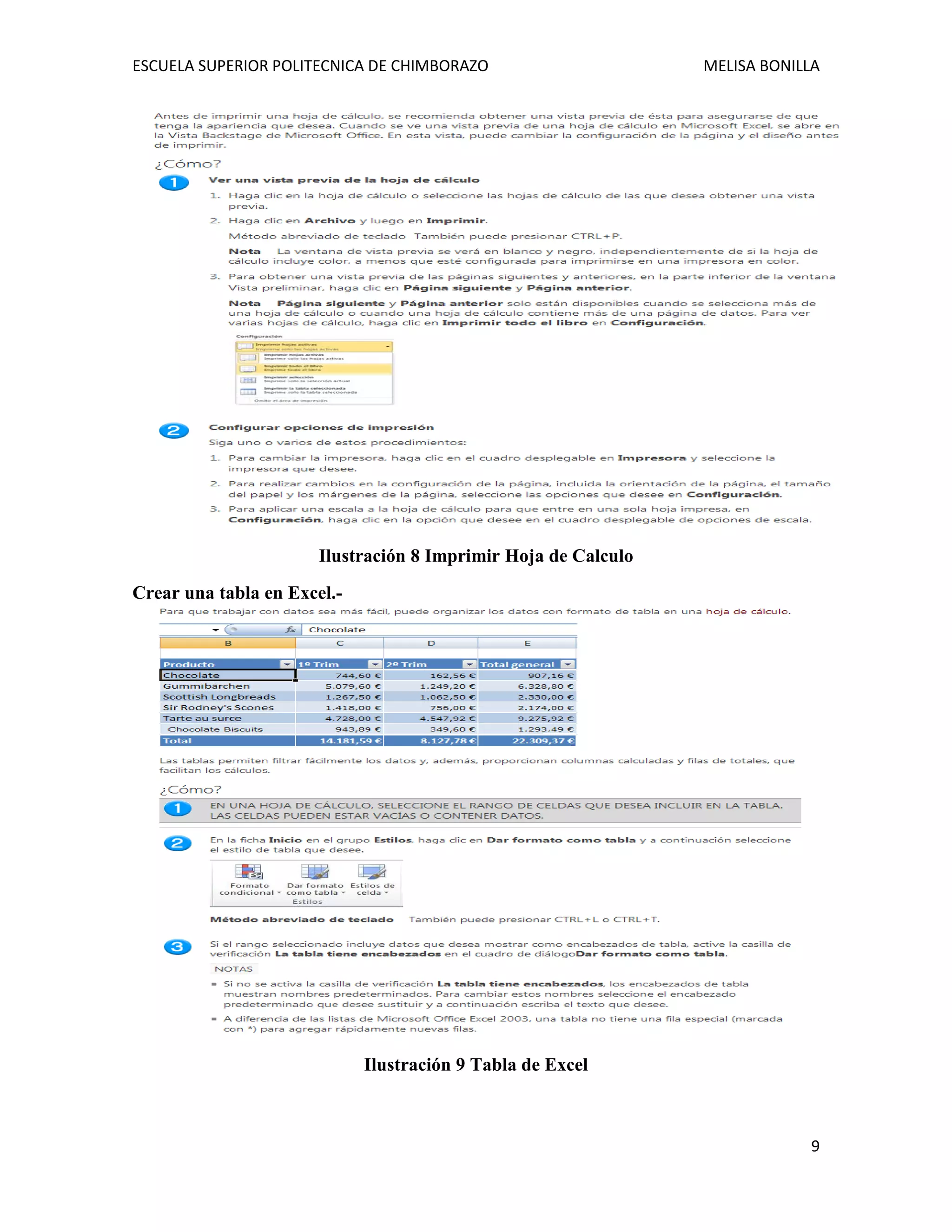 ESCUELA SUPERIOR POLITECNICA DE CHIMBORAZO

MELISA BONILLA

Ilustración 8 Imprimir Hoja de Calculo
Crear una tabla en Excel.-

Ilustración 9 Tabla de Excel

9

 