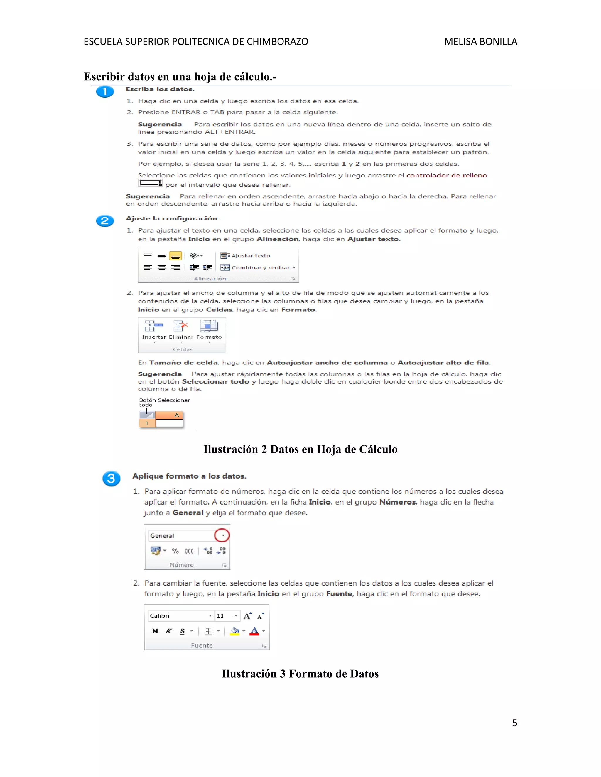 ESCUELA SUPERIOR POLITECNICA DE CHIMBORAZO

MELISA BONILLA

Escribir datos en una hoja de cálculo.-

Ilustración 2 Datos en Hoja de Cálculo

Ilustración 3 Formato de Datos

5

 