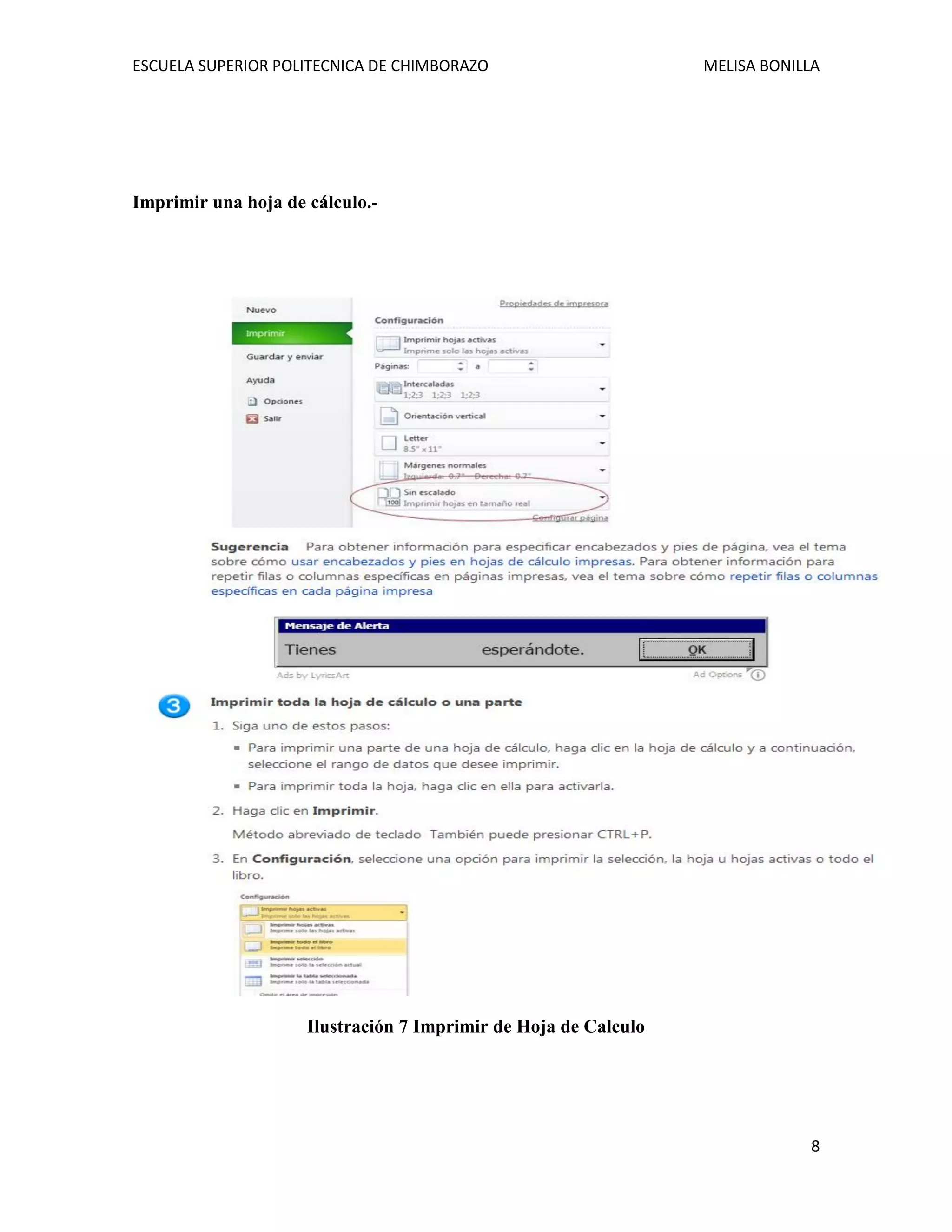 ESCUELA SUPERIOR POLITECNICA DE CHIMBORAZO

MELISA BONILLA

Imprimir una hoja de cálculo.-

Ilustración 7 Imprimir de Hoja de Calculo

8

 