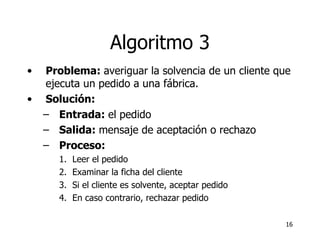 Algoritmo 3 Problema:  averiguar la solvencia de un cliente que ejecuta un pedido a una fábrica. Solución: Entrada:  el pedido Salida:  mensaje de aceptación o rechazo Proceso:  Leer el pedido Examinar la ficha del cliente  Si el cliente es solvente, aceptar pedido En caso contrario, rechazar pedido 