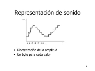 Representación de sonido Discretización de la amplitud Un byte para cada valor 4 8 12 13 12 10 8… 