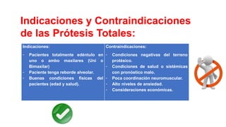 Indicaciones:
- Pacientes totalmente edéntulo en
uno o ambo maxilares (Uni o
Bimaxilar)
- Paciente tenga reborde alveolar.
- Buenas condiciones físicas del
pacientes (edad y salud).
Contraindicaciones:
- Condiciones negativas del terreno
protésico.
- Condiciones de salud o sistémicas
con pronóstico malo.
- Poca coordinación neuromuscular.
- Alto niveles de ansiedad.
- Consideraciones económicas.
Indicaciones y Contraindicaciones
de las Prótesis Totales:
 