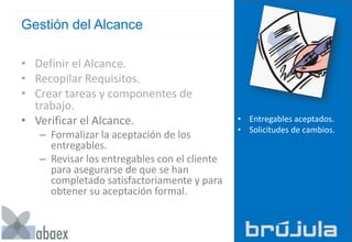 Gestión del Alcance
• Definir el Alcance.
• Recopilar Requisitos.
• Crear tareas y componentes de
trabajo.
• Verificar el Alcance.
– Formalizar la aceptación de los
entregables.
– Revisar los entregables con el cliente
para asegurarse de que se han
completado satisfactoriamente y para
obtener su aceptación formal.
• Entregables aceptados.
• Solicitudes de cambios.
 