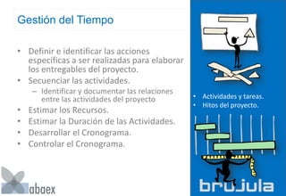 Gestión del Tiempo
• Definir e identificar las acciones
específicas a ser realizadas para elaborar
los entregables del proyecto.
• Secuenciar las actividades.
– Identificar y documentar las relaciones
entre las actividades del proyecto
• Estimar los Recursos.
• Estimar la Duración de las Actividades.
• Desarrollar el Cronograma.
• Controlar el Cronograma.
• Actividades y tareas.
• Hitos del proyecto.
 