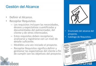 Gestión del Alcance
• Definir el Alcance.
• Recopilar Requisitos.
– Los requisitos incluyen las necesidades,
deseos y expectativas cuantificadas y
documentadas del patrocinador, del
cliente y de otros interesados.
– Estos requisitos deben recopilarse,
analizarse y registrarse con un nivel de
detalle suficiente.
– Medibles una vez iniciado el proyecto.
– Recopilar Requisitos significa definir y
gestionar las expectativas del cliente a fin
de cumplir con los objetivos del proyecto.
• Enunciado del alcance del
proyecto.
• Catálogo de Requisitos.
 