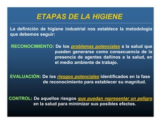 ETAPAS DE LA HIGIENE
La definición de higiene industrial nos establece la metodología
que debemos seguir:

RECONOCIMIENTO: De los problemas potenciales a la salud que
                pueden generarse como consecuencia de la
                presencia de agentes dañinos a la salud, en
                el medio ambiente de trabajo.


EVALUACIÓN: De los riesgos potenciales identificados en la fase
            de reconocimiento para establecer su magnitud.


CONTROL: De aquellos riesgos que puedan representar un peligro
         en la salud para minimizar sus posibles efectos.
 