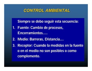CONTROL AMBIENTAL

   Siempre se debo seguir esta secuencia:
1. Fuente: Cambio de procesos,
   Encerramientos.....
2. Medio: Barreras, Distancia....
3. Receptor: Cuando la medidas en la fuente
   o en el medio no son posibles o como
   complemento.
 