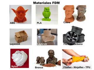 ABS PLA
Laywood Laybrick
Filaflex - Ninjaflex - TPUNylon
Materiales FDM
Cobre
Fibra de carbono
Bronce
 
