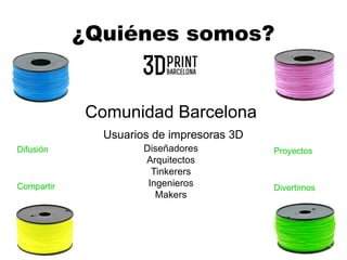 Comunidad Barcelona
Usuarios de impresoras 3D
Diseñadores
Arquitectos
Tinkerers
Ingenieros
Makers
¿Quiénes somos?
Difusión Proyectos
Compartir Divertirnos
 