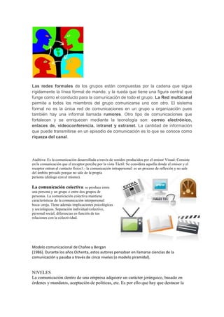 Las redes formales de los grupos están compuestas por la cadena que sigue
rígidamente la línea formal de mando, y la rueda que tiene una figura central que
funge como el conducto para la comunicación de todo el grupo. La Red multicanal
permite a todos los miembros del grupo comunicarse uno con otro. El sistema
formal no es la única red de comunicaciones en un grupo u organización pues
también hay una informal llamada rumores. Otro tipo de comunicaciones que
fortalecen y se enriquecen mediante la tecnología son: correo electrónico,
enlaces de, videoconferencia, intranet y extranet. La cantidad de información
que puede transmitirse en un episodio de comunicación es lo que se conoce como
riqueza del canal.




Auditiva: Es la comunicación desarrollada a través de sonidos producidos por el emisor Visual: Consiste
en la comunicación que el receptor percibe por la vista Táctil: Se considera aquella donde el emisor y el
receptor entran el contacto físico1.- la comunicación intrapersonal: es un proceso de reflexión y no sale
del ámbito privado porque no sale de la propia
persona (diálogo con el mismo).

La comunicación colectiva: se produce entre
una persona y un grupo o entre dos grupos de
personas. La comunicación colectiva mantiene
características de la comunicación interpersonal:
boca- oreja. Tiene además implicaciones psicológicas
y sociológicas. Separación individual/colectivo,
personal social, diferencias en función de tus
relaciones con la colectividad.




Modelo comunicacional de Chafee y Bergan
(1986). Durante los años Ochenta, estos autores pensaban en llamarse ciencias de la
comunicación y pasaba a través de cinco niveles (o modelo piramidal).


NIVELES
La comunicación dentro de una empresa adquiere un carácter jerárquico, basado en
órdenes y mandatos, aceptación de políticas, etc. Es por ello que hay que destacar la
 