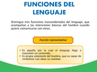 Distingue tres funciones trascendentales del lenguaje, que
acompañan a las intenciones básicas del hombre cuando
quiere comunicarse con otros.
 Es aquella por la cual el lenguaje llega a
transmitir un contenido.
 Es propia solamente del hombre, que es capaz de
simbolizar con ideas su realidad.
Función representativa:
FUNCIONES DEL
LENGUAJE
 