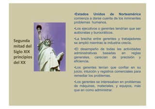 • Estados Unidos de Norteamérica
                    comienza a darse cuenta de los inminentes
                    problemas humanos.
                    • Los ejecutivos o gerentes tendrían que ser
                    autócratas y burocráticos.
                    • La brecha entre gerentes y trabajadores
Segunda	
           se amplió mientras la industria crecía.
mitad	
  del	
  
                    • El desempeño de todas las actividades
Siglo	
  XIX	
      administrativas basadas    en     reglas
principios	
        generales, carecían de precisión y
del	
  XX	
  	
     eficiencia.
                    • Los gerentes tenían que confiar en su
                    juicio, intuición y registros comerciales para
                    remediar los problemas.
                    • Los gerentes se interesaban en problemas
                    de máquinas, materiales, y equipos, más
                    que en como administrar.
 