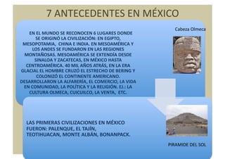 7	
  ANTECEDENTES	
  EN	
  MÉXICO	
  
                                                                                                     Cabeza	
  Olmeca	
  
 	
  	
  	
  	
  	
  EN	
  EL	
  MUNDO	
  SE	
  RECONOCEN	
  6	
  LUGARES	
  DONDE	
  	
  	
  
                         SE	
  ORIGINÓ	
  LA	
  CIVILIZACIÓN:	
  EN	
  EGIPTO,	
  
 MESOPOTAMIA,	
  	
  CHINA	
  E	
  INDIA.	
  EN	
  MESOAMÉRICA	
  Y	
  
                      LOS	
  ANDES	
  SE	
  FUNDARON	
  EN	
  LAS	
  REGIONES	
  
    MONTAÑOSAS.	
  MESOAMÉRICA	
  SE	
  EXTENDÍA	
  DESDE	
  
                       SINALOA	
  Y	
  ZACATECAS,	
  EN	
  MÉXICO	
  HASTA	
  
         CENTROAMÉRICA.	
  40	
  MIL	
  AÑOS	
  ATRÁS,	
  EN	
  LA	
  ERA	
  
GLACIAL	
  EL	
  HOMBRE	
  CRUZÓ	
  EL	
  ESTRECHO	
  DE	
  BERING	
  Y	
  
                           COLONIZÓ	
  EL	
  CONTINENTE	
  AMERICANO.	
  
DESARROLLARON	
  LA	
  ALFARERÍA,	
  EL	
  COMERCIO,	
  LA	
  VIDA	
  
   EN	
  COMUNIDAD,	
  LA	
  POLÍTICA	
  Y	
  LA	
  RELIGIÓN.	
  EJ.:	
  LA	
  
                     CULTURA	
  OLMECA,	
  CUICUILCO,	
  LA	
  VENTA,	
  	
  ETC.	
  	
  




     LAS	
  PRIMERAS	
  CIVILIZACIONES	
  EN	
  MÉXICO	
  
     FUERON:	
  PALENQUE,	
  EL	
  TAJÍN,	
  
     TEOTIHUACAN,	
  MONTE	
  ALBÁN,	
  BONANPACK.	
  
                                                                                                 PIRAMIDE	
  DEL	
  SOL	
  
 