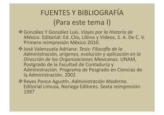 FUENTES	
  Y	
  BIBLIOGRAFÍA	
  
                    (Para	
  este	
  tema	
  I)	
  
 González	
  Y	
  González	
  Luis.	
  Viajes	
  por	
  la	
  Historia	
  de	
  
  México.	
  Editorial:	
  Ed.	
  Clío,	
  Libros	
  y	
  Videos,	
  S.	
  A.	
  De	
  C.	
  V.	
  
  Primera	
  reimpresión	
  México	
  2010.	
  
 José	
  Valenzuela	
  Adriana:	
  Tesis:	
  FilosoUa	
  de	
  la	
  
  Administración,	
  orígenes,	
  evolución	
  y	
  aplicación	
  en	
  la	
  
  Dirección	
  de	
  las	
  Organizaciones	
  Mexicanas.	
  UNAM,	
  
  Postgrado	
  de	
  la	
  Facultad	
  de	
  Contaduría	
  y	
  
  Administración.	
  Programa	
  de	
  Posgrado	
  en	
  Ciencias	
  de	
  
  la	
  Administración.	
  2002	
  
 Reyes	
  Ponce	
  AgusUn.	
  Administración	
  Moderna.	
  
  Editorial	
  Limusa,	
  Noriega	
  Editores.	
  Sexta	
  reimpresión.
  1997	
  
 