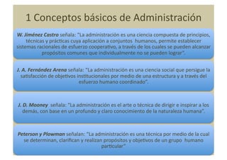1	
  Conceptos	
  básicos	
  de	
  Administración	
  
W.	
  Jiménez	
  Castro	
  señala:	
  “La	
  administración	
  es	
  una	
  ciencia	
  compuesta	
  de	
  principios,	
  
       técnicas	
  y	
  prácNcas	
  cuya	
  aplicación	
  a	
  conjuntos	
  	
  humanos,	
  permite	
  establecer	
  
sistemas	
  racionales	
  de	
  esfuerzo	
  cooperaNvo,	
  a	
  través	
  de	
  los	
  cuales	
  se	
  pueden	
  alcanzar	
  
              propósitos	
  comunes	
  que	
  individualmente	
  no	
  se	
  pueden	
  lograr”.	
  


J.	
  A.	
  Fernández	
  Arena	
  señala:	
  “La	
  administración	
  es	
  una	
  ciencia	
  social	
  que	
  persigue	
  la	
  
   saNsfacción	
  de	
  objeNvos	
  insNtucionales	
  por	
  medio	
  de	
  una	
  estructura	
  y	
  a	
  través	
  del	
  
                                      esfuerzo	
  humano	
  coordinado”.	
  



 J.	
  D.	
  Mooney	
  	
  señala:	
  “La	
  administración	
  es	
  el	
  arte	
  o	
  técnica	
  de	
  dirigir	
  e	
  inspirar	
  a	
  los	
  
     demás,	
  con	
  base	
  en	
  un	
  profundo	
  y	
  claro	
  conocimiento	
  de	
  la	
  naturaleza	
  humana”.	
  



Peterson	
  y	
  Plowman	
  señalan:	
  “La	
  administración	
  es	
  una	
  técnica	
  por	
  medio	
  de	
  la	
  cual	
  
  se	
  determinan,	
  clariﬁcan	
  y	
  realizan	
  propósitos	
  y	
  objeNvos	
  de	
  un	
  grupo	
  	
  humano	
  
                                                 parNcular”	
  
 