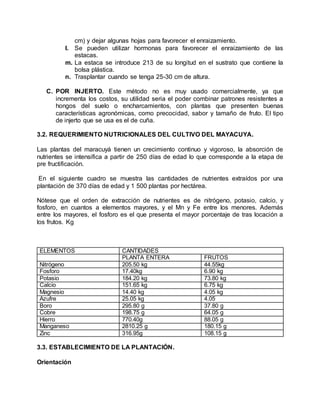 cm) y dejar algunas hojas para favorecer el enraizamiento.
l. Se pueden utilizar hormonas para favorecer el enraizamiento de las
estacas.
m. La estaca se introduce 213 de su longitud en el sustrato que contiene la
bolsa plástica.
n. Trasplantar cuando se tenga 25-30 cm de altura.
C. POR INJERTO. Este método no es muy usado comercialmente, ya que
incrementa los costos, su utilidad seria el poder combinar patrones resistentes a
hongos del suelo o encharcamientos, con plantas que presenten buenas
características agronómicas, como precocidad, sabor y tamaño de fruto. El tipo
de injerto que se usa es el de cuña.
3.2. REQUERIMIENTO NUTRICIONALES DEL CULTIVO DEL MAYACUYA.
Las plantas del maracuyá tienen un crecimiento continuo y vigoroso, la absorción de
nutrientes se intensifica a partir de 250 días de edad lo que corresponde a la etapa de
pre fructificación.
En el siguiente cuadro se muestra las cantidades de nutrientes extraídos por una
plantación de 370 días de edad y 1 500 plantas por hectárea.
Nótese que el orden de extracción de nutrientes es de nitrógeno, potasio, calcio, y
fosforo, en cuantos a elementos mayores, y el Mn y Fe entre los menores. Además
entre los mayores, el fosforo es el que presenta el mayor porcentaje de tras locación a
los frutos. Kg
ELEMENTOS CANTIDADES
PLANTA ENTERA FRUTOS
Nitrógeno 205.50 kg 44.55kg
Fosforo 17.40kg 6.90 kg
Potasio 184.20 kg 73.80 kg
Calcio 151.65 kg 6.75 kg
Magnesio 14.40 kg 4.05 kg
Azufre 25.05 kg 4.05
Boro 295.80 g 37.80 g
Cobre 198.75 g 64.05 g
Hierro 770.40g 88.05 g
Manganeso 2810.25 g 180.15 g
Zinc 316.95g 108.15 g
3.3. ESTABLECIMIENTO DE LA PLANTACIÓN.
Orientación
 