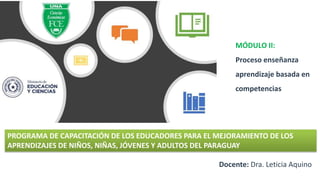 MÓDULO II:
Proceso enseñanza
aprendizaje basada en
competencias
Docente: Dra. Leticia Aquino
PROGRAMA DE CAPACITACIÓN DE LOS EDUCADORES PARA EL MEJORAMIENTO DE LOS
APRENDIZAJES DE NIÑOS, NIÑAS, JÓVENES Y ADULTOS DEL PARAGUAY
 