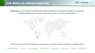 Los datos en manos expertas
PowerData es una compañía multinacional de origen español con una trayectoria superior a una década
desplegando tecnología y servicios de gestión de datos en grandes organizaciones.
Contamos con más de 200 profesionales y expertos en el área de la gestión de datos en múltiples países:
• A R G E N T I N A • C H I L E • C O L O M B I A • E C U A D O R • E S P A Ñ A • M É X I C O • P E R Ú • U R U G U A Y •
 