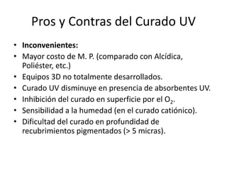 Pros y Contras del Curado UV
• Inconvenientes:
• Mayor costo de M. P. (comparado con Alcídica,
Poliéster, etc.)
• Equipos 3D no totalmente desarrollados.
• Curado UV disminuye en presencia de absorbentes UV.
• Inhibición del curado en superficie por el O2.
• Sensibilidad a la humedad (en el curado catiónico).
• Dificultad del curado en profundidad de
recubrimientos pigmentados (> 5 micras).
 