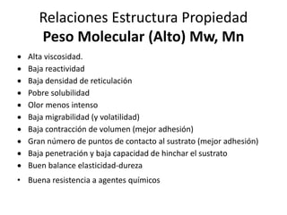 Relaciones Estructura Propiedad
Peso Molecular (Alto) Mw, Mn
 Alta viscosidad.
 Baja reactividad
 Baja densidad de reticulación
 Pobre solubilidad
 Olor menos intenso
 Baja migrabilidad (y volatilidad)
 Baja contracción de volumen (mejor adhesión)
 Gran número de puntos de contacto al sustrato (mejor adhesión)
 Baja penetración y baja capacidad de hinchar el sustrato
 Buen balance elasticidad-dureza
• Buena resistencia a agentes químicos
 