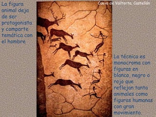 La figura      Cueva de Valltorta. Castellón
animal deja
de ser
protagonista
y comparte
temática con
el hombre

                       La técnica es
                       monocroma con
                       figuras en
                       blanco, negro o
                       rojo que
                       reflejan tanto
                       animales como
                       figuras humanas
                       con gran
                       movimiento.
 