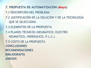 7. PROPUESTA DE AUTOMATIZACIÓN ( Mayo )  7.1 DESCRIPCIÓN DEL PROBLEMA 7.2 JUSTIFICACIÓN DE LA SOLUCIÓN Y DE LA TECNOLOGÍA QUE SE SELECCIONA 7.3 ELEMENTOS DE LA PROPUESTA 7.4 PLANOS TÉCNICOS (NEUMÁTICO, ELECTRO NEUMÁTICO, HIDRÁULICO, P.L.C.) 7.5 COSTO DE LA PROPUESTA CONCLUSIONES  RECOMENDACIONES BIBLIOGRAFÍA ANEXOS 