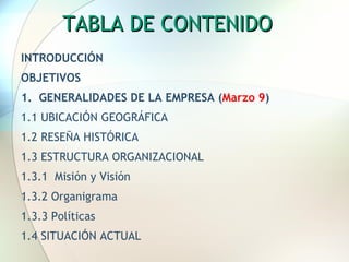 TABLA DE CONTENIDO  INTRODUCCIÓN OBJETIVOS 1.  GENERALIDADES DE LA EMPRESA ( Marzo 9 )  1.1 UBICACIÓN GEOGRÁFICA 1.2 RESEÑA HISTÓRICA  1.3 ESTRUCTURA ORGANIZACIONAL 1.3.1  Misión y Visión  1.3.2 Organigrama 1.3.3 Políticas 1.4 SITUACIÓN ACTUAL 