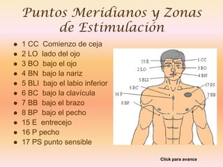Puntos Meridianos y Zonas
         de Estimulación
   1 CC Comienzo de ceja
   2 LO lado del ojo
   3 BO bajo el ojo
   4 BN bajo la nariz
   5 BLI bajo el labio inferior
   6 BC bajo la clavícula
   7 BB bajo el brazo
   8 BP bajo el pecho
   15 E entrecejo
   16 P pecho
   17 PS punto sensible

                                   Click para avance
 