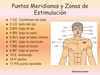 Puntos Meridianos y Zonas de 
Estimulación 
 1 CC Comienzo de ceja 
 2 LO lado del ojo 
 3 BO bajo el ojo 
 4 BN bajo la nariz 
 5 BLI bajo el labio inferior 
 6 BC bajo la clavícula 
 7 BB bajo el brazo 
 8 BP bajo el pecho 
 15 E entrecejo 
 16 P pecho 
 17 PS punto sensible 
Click para avance 
 