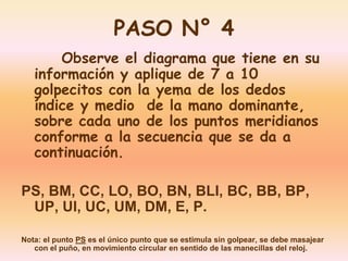PASO N° 4 
Observe el diagrama que tiene en su 
información y aplique de 7 a 10 
golpecitos con la yema de los dedos 
índice y medio de la mano dominante, 
sobre cada uno de los puntos meridianos 
conforme a la secuencia que se da a 
continuación. 
PS, BM, CC, LO, BO, BN, BLI, BC, BB, BP, 
UP, UI, UC, UM, DM, E, P. 
Nota: el punto PS es el único punto que se estimula sin golpear, se debe masajear 
con el puño, en movimiento circular en sentido de las manecillas del reloj. 
 