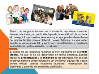 Dentro de un grupo humano es sumamente importante mantener 
buenas relaciones, ya que de ello depende, la estabilidad , la armonía, 
el conseguir los propósitos; relaciones que que pueden darse dentro 
del ámbito familiar, escolar, laboral u otros. Además es vital saber 
aceptar a las personas tal y como son, respetándolas y resaltando 
sus fortalezas , potencialidades, y virtudes. 
El campo de las relaciones humanas es muy importante en el ámbito 
laboral, ya que si no se desarrollan en forma amistosa, pueden 
afectar la productividad y la eficiencia de las empresas. Por eso, los 
directivos siempre deben esforzarse por conformar equipos de trabajo 
donde existan buenas relaciones humanas, minimizando las 
discordias y evitando los ambientes conflictivos. 
 