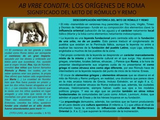 AB VRBE CONDITA: LOS ORÍGENES DE ROMA
SIGNIFICADO DEL MITO DE RÓMULO Y REMO
<< El comienzo de tan grande y noble
ciudad como Roma debía ser semejante
al comienzo de un gran Imperio:
apoyado por los dioses y ordenado por
éstos para que sucediese. Así, sucedió
que la virgen Vestal, Rea, hija de Númitor,
concibió dos niños que fueron llamados
Rómulo y Remo, los cuales, por no
saber quienes eran sus padres, la propia
Rea afirmó que habían sido engendrados
por Marte (…) La crueldad de Numitor
hizo que Rea fuera puesta en prisión y
que los dos niños fueran ahogados en el
río (…) Las crecidas del río hicieron que
la cesta con los niños quedara en lugar
anegado y una loba que venía de las
montañas con gran sed para beber en el
Tíber los encontrara y criara (…)
Entonces, crecidos los niños, quisieron
fundar una ciudad en el sitio donde
fueron abandonados para morir >>
(TITO LIVIO, Ab urbe condita, I, 6-10)
DESCODIFICACIÓN HISTÓRICA DEL MITO DE RÓMULO Y REMO
• El mito –transmitido en versiones muy parecidas por Tito Livio, Virgilio, Timeo
y Dionisio de Halicarnaso– funde en su composición dos elementos clave: la
influencia oriental (salvación de las aguas) y el carácter netamente local
itálico (Marte y la loba como elementos netamente indoeuropeos).
• La leyenda es una leyenda fundacional pero centrada sólo en la fundación
de una urbs, no de un pueblo. Esto parece traducir el conglomerado de
pueblos que existían en la Península Itálica, aunque la leyenda no entre a
explicar las razones de la fundación del pueblo Latino, cuya Liga, además,
englobaba a muchos de los pueblos de la zona.
• Del propio contenido de la leyenda se desprende un carácter marcadamente
mixto de la misma y del ambiente cultural en el que surge. Hay alusiones
griegas, orientales, locales (latinas, etruscas…) Parece que Roma, a la hora de
presentar ideológicamente sus orígenes cuida de no presentarse ni como
griega ni como etrusca sino como algo diferente, por eso Rómulo hace de
intermediario en la leyenda respecto del punto de inicio de la misma: Eneas.
• El cruce de elementos griegos y elementos etruscos que se observa en el
mito de Rómulo y Remo prefigura, en realidad, una dicotomía que parece clave
en la más arcaica historia de Grecia. Incluso Estrabón, en el siglo II a. C.
reivindicará el carácter etrusco de Roma indicando que, además, las ciudades
etruscas, históricamente, siempre habían vuelto sus ojos a los modelos
políticos griegos. Y eso es algo que se percibe también en otros mitos
fundacionales de comunidades del Lacio como Artium, Lavinium, Ardea, que
admiten el papel de Eneas y de los héroes troyanos en su fundación.
• La arqueología demuestra, además, los cambios que se fueron produciendo
en el Lacio desde una cultura apenínica (II milenio a. C.) que utiliza el ritual de
inhumación hacia la entrada de influencias culturales del Mediterráneo
Oriental (s. X a. C.) que suponen la introducción de la incineración.
 