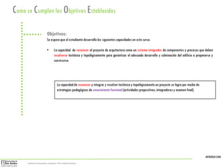 INTRODUCCION
Sistemas de Construcción y Estimación – Prof: Carolina Stevenson
Como se Cumplen los Objetivos Establecidos
Objetivos:
Se espera que el estudiante desarrolle las siguientes capacidades en este curso:
• La capacidad de reconocer el proyecto de arquitectura como un sistema integrador de componentes y procesos que deben
resolverse tectónica y topológicamente para garantizar el adecuado desarrollo y culminación del edificio a proponerse y
construirse.
La capacidadde reconocer y integrar y resolver tectónica y topológicamente un proyecto se logra por medio de
estrategias pedagógicasde conocimiento funcional (actividadespropositivas,integradoresy examen final).
 
