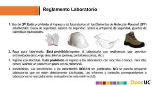 Reglamento Laboratorio
1. Uso de EPP
. Está prohibido el ingreso a los laboratorios sin los Elementos de Protección Personal (EPP)
establecidos: Casco de seguridad, zapatos de seguridad, lentes o antiparras de seguridad, guantes de
cabritilla o equivalentes.
2. Ropa para laboratorio. Está prohibido ingresar al laboratorio con vestimentas que permitan
extremidades del cuerpo descubiertas (poleras, pantalones cortos, etc.).
3. Ingreso con Mochilas. Está prohibido el ingreso a los laboratorios con mochilas o bolsos. Para ello,
deben solicitar un casillero en pañol con su credencial.
4. Inasistencias. Las inasistencias a los laboratorios DEBEN ser justificadas. NO se podrán recuperar
laboratorios que no estén debidamente justificados. Los informes y controles correspondientes a
laboratorios no realizados serán evaluados con nota mínima (1,0).
 