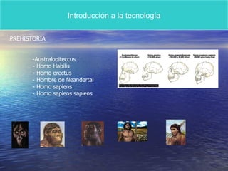 Introducción a la tecnología PREHISTORIA -Australopiteccus - Homo Habilis - Homo erectus - Hombre de Neandertal - Homo sapiens - Homo sapiens sapiens 